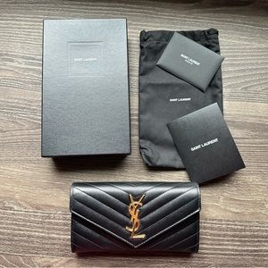 Auth YVES SAINT LAURENT MONOGRAMME Long Wallet Purse Leather Black